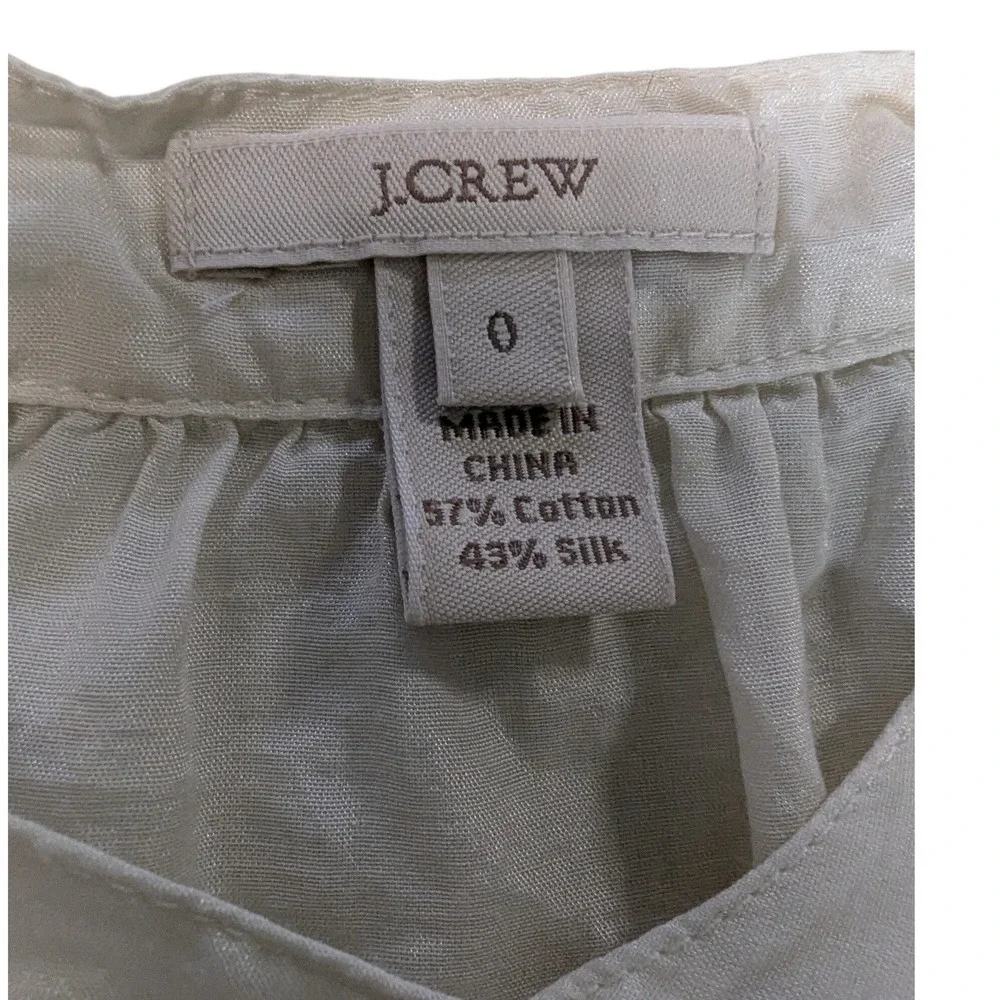 J. Crew Ivory Silk Cotton Babydoll Blouse Pink Trim Puff Sleeve Sz 0